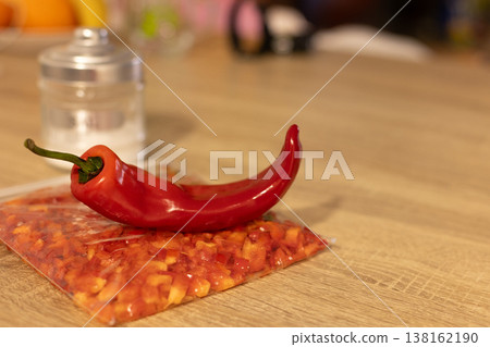 Sliced red pepper in a pack for freezing in the freezer. Cooking from frozen foods. Sliced red pepper in a pack for freezing in the freezer. Cooking from frozen foods. 138162190