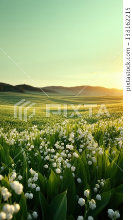 Lush lily of the valley field at sunrise with rolling green hills for spring wallpaper and floral background St. Patrick's Day 138162215