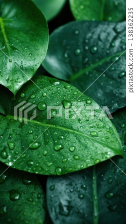 Vertical close-up of glossy green leaves with water droplets background for mobile wallpaper and botanical poster design with fresh mood Vertical close-up of glossy green leaves with water droplets background for mobile wallpaper and botanical poster design with fresh mood 138162235