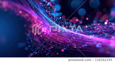 Abstract neon particle wave with pink and blue bokeh streaks for futuristic background and digital banner design in synthwave style 138162245