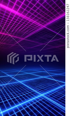 Retro neon grid synthwave background with glowing purple and blue perspective floor for cyber banner and futuristic poster design 138162247