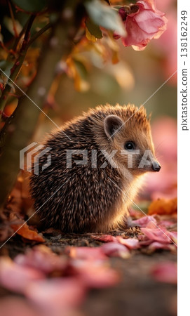 Cute baby hedgehog among pink rose petals and autumn leaves for nature background and wildlife closeup banner Hedgehog Day Cute baby hedgehog among pink rose petals and autumn leaves for nature background and wildlife closeup banner Hedgehog Day 138162249
