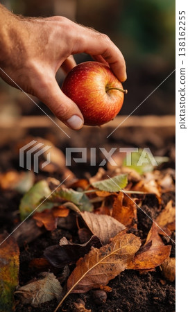 Hand picking a red apple from fallen autumn leaves for seasonal background and harvest banner with rustic soil texture and warm natural light 138162255