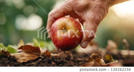 Hand picking a ripe red apple from soil among leaves for autumn harvest background and organic fruit still life for design 138162256