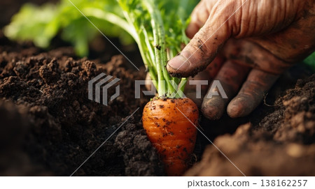 Hand pulling a fresh orange carrot from rich soil for garden harvest background and rustic organic produce photography for design 138162257