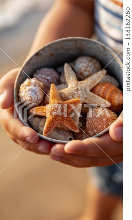Child hands holding a tin bowl of starfish and assorted seashells on a sandy beach for summer background and nature closeup Child hands holding a tin bowl of starfish and assorted seashells on a sandy beach for summer background and nature closeup 138162260