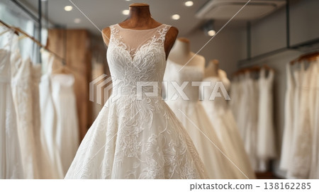 Intricate embroidered ballgown wedding dress on wooden mannequin in bridal atelier for shop display and luxury bridal catalog background National Wedding Planning Day Intricate embroidered ballgown wedding dress on wooden mannequin in bridal atelier for shop display and luxury bridal catalog background National Wedding Planning Day 138162285
