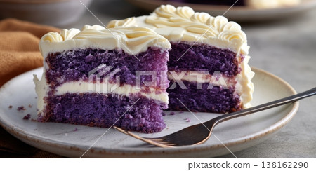 Purple layer cake slice with white buttercream frosting on plate and fork for dessert background and bakery menu design Purple layer cake slice with white buttercream frosting on plate and fork for dessert background and bakery menu design 138162290