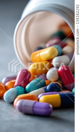 Assorted colorful capsule pills spilled from white pill bottle for healthcare background and medical banner design World Benzodiazepine Awareness Day Assorted colorful capsule pills spilled from white pill bottle for healthcare background and medical banner design World Benzodiazepine Awareness Day 138162292