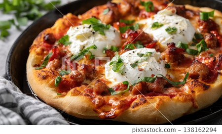 Skillet pizza with melted cheese burrata sausage and fresh basil for dinner banner and comfort food background Skillet pizza with melted cheese burrata sausage and fresh basil for dinner banner and comfort food background 138162294