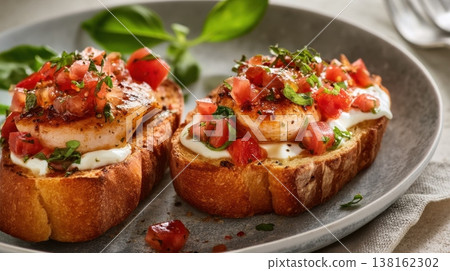 Seared scallop bruschetta on toasted bread with cream and diced tomato for restaurant menu background and appetizer banner 138162302
