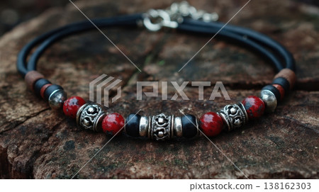 Rustic red and black beaded bracelet with silver accents on bark for boho bracelet product display and banner design Rustic red and black beaded bracelet with silver accents on bark for boho bracelet product display and banner design 138162303