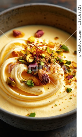 Whipped saffron custard garnished with pistachios in bowl Saffron Pistachio Cream: An exotic and luxurious flavor blending the distinctive taste of saffron with crunchy pistachios. Whipped saffron custard garnished with pistachios in bowl Saffron Pistachio Cream: An exotic and luxurious flavor blending the distinctive taste of saffron with crunchy pistachios. 138162325