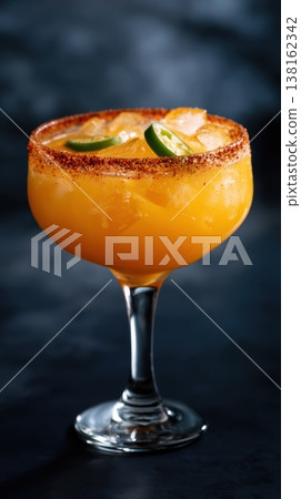 Margarita with jalapeno slices and chili rim on dark table Margarita with jalapeno slices and chili rim on dark table 138162342