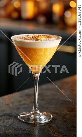 Layered orange cocktail with creamy foam in bar setting Layered orange cocktail with creamy foam in bar setting 138162343