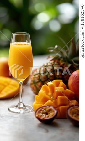 Mango juice glass placed near pineapple and mango garnish 138162346