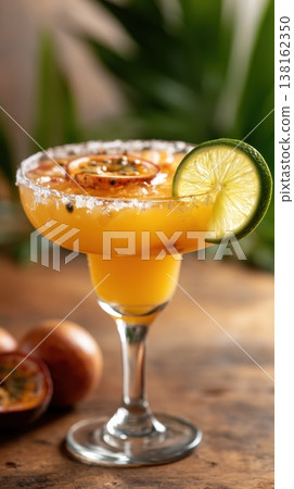 Tropical passion margarita with salted rim and lime slice 138162350