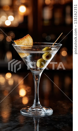 Skewered olive martini resting on reflective bar surface Skewered olive martini resting on reflective bar surface 138162351