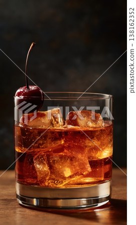Close up whiskey old fashioned with cherry and ice cubes 138162352