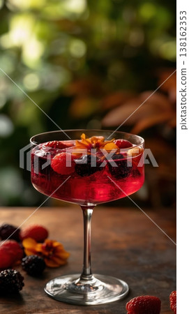 Wine coupe topped with fruit and flower in bokeh 138162353
