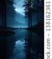 Solitary figure by a misty forest lake at night with starry reflection for moody wallpaper and background design 138162361