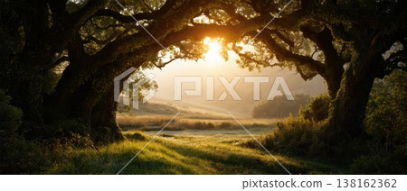 Twin tree arch overlooking sunlit valley at sunrise for landscape background and panoramic wallpaper Twin tree arch overlooking sunlit valley at sunrise for landscape background and panoramic wallpaper 138162362