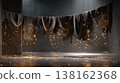 Draped fabric scene with floating golden lights and glitter for mystical theatrical background banner and wallpaper design 138162368