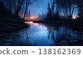 Mystical blue forest lake at twilight with starry sky and lily pads for serene background wallpaper and landscape poster St. Patrick's Day 138162369