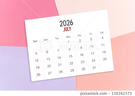 July calendar for 2026 year on colorful background. July calendar for 2026 year on colorful background. 138162373