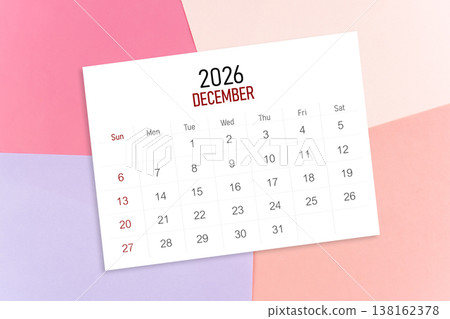 December calendar for 2026 year on colorful background. December calendar for 2026 year on colorful background. 138162378