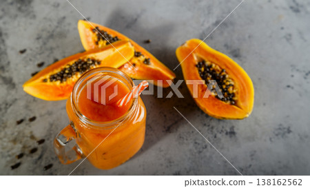 Papaya smoothie, selective focus. Detox, diet food. Papaya smoothie, selective focus. Detox, diet food. 138162562
