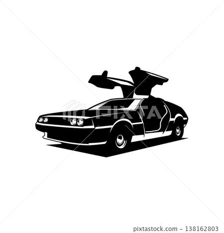 1981 Delorean vintage car. Old premium vector design with open doors. Isolated on white background with side view. Recommended for logo, badge, emblem, icon, sticker design. 1981 Delorean vintage car. Old premium vector design with open doors. Isolated on white background with side view. Recommended for logo, badge, emblem, icon, sticker design. 138162803