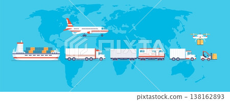 Global logistic transports. International logistics company. Delivery transportation, trucks, vans, scooters, airplanes, ships. Transport chain management vector concept Global logistic transports. International logistics company. Delivery transportation, trucks, vans, scooters, airplanes, ships. Transport chain management vector concept 138162893