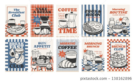 Hand drawn breakfast poster. Chalk food banner. Sketch crayon drink, coffee, croissant, egg, bread, avocado, waffles. Doodle brunch elements with quotes. Vector set 138162896