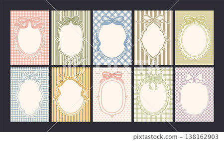 Vintage bow frame. Retro pattern background with ribbon border. Hand drawn decorative coquette lace empty frames for poster, card, invitation. Vector collection Vintage bow frame. Retro pattern background with ribbon border. Hand drawn decorative coquette lace empty frames for poster, card, invitation. Vector collection 138162903