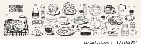Hand drawn breakfast. Doodle brunch. Sketch food, drink, coffee, eggs, avocado, sandwiches, pancakes, waffles, tea. Kitchen posters, elements for cafe menu. Vector set Hand drawn breakfast. Doodle brunch. Sketch food, drink, coffee, eggs, avocado, sandwiches, pancakes, waffles, tea. Kitchen posters, elements for cafe menu. Vector set 138162904