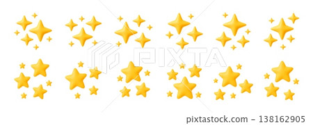 3d star composition. Realistic yellow stars. Render golden starry cluster, starburst, sparkle, twinkle. Shining soft glossy light shape icon in different positions. Vector set 3d star composition. Realistic yellow stars. Render golden starry cluster, starburst, sparkle, twinkle. Shining soft glossy light shape icon in different positions. Vector set 138162905