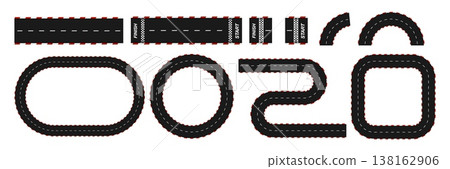 Race road. Start and finish line. Racing high-speed track with top view. Car, bicycle, motorbike, auto, racetrack on stadium. Checkered asphalt lines. Vector illustration Race road. Start and finish line. Racing high-speed track with top view. Car, bicycle, motorbike, auto, racetrack on stadium. Checkered asphalt lines. Vector illustration 138162906