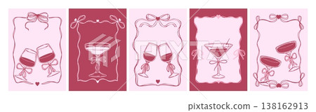 Cocktail poster. Hand drawn party drink. Sketch drinks with ribbon, bow in decorative frames for wedding invitations, posters, event cards, celebration, menu. Vector concept 138162913