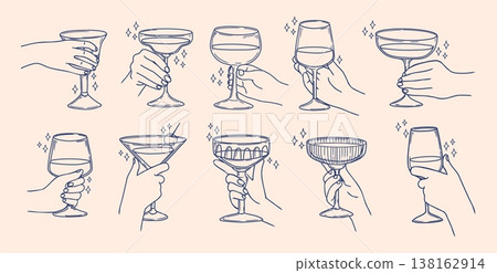 Hands with drink. Hand holding cocktail. Hand drawn glass with different shapes for martini, margarita. Party cocktails in glasses. Sketch beverage for poster. Vector set 138162914