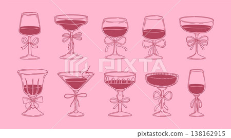 Drink glass. Vintage cocktail. Hand drawn coquette glasses with bow. Retro sketch beverage for holiday, celebration, New Year, wedding, party. Drinks and cocktail vector set 138162915