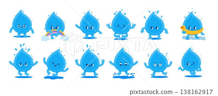 Water drops character. Cartoon liquid mascot. Funny comic childish water characters with different emotions, face expressions, poses. Raindrop stickers. Vector set Water drops character. Cartoon liquid mascot. Funny comic childish water characters with different emotions, face expressions, poses. Raindrop stickers. Vector set 138162917