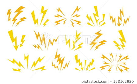 Lightning group. Comic bolts. Cartoon funny thunder, electric strike, burst and explosion. Hand drawn energy burst, energy arrow, firework beams. Decorative light elements. Vector set 138162920