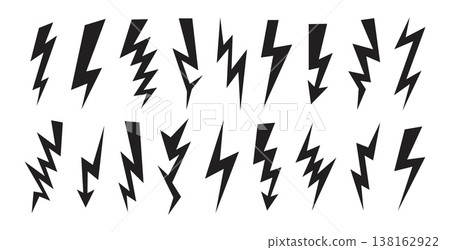 Lightning. Simple lightning bolt. Black silhouette thunder, flash sign, electric arrow icon, power spark, lightning strike, thunderbolt. Flat shining power and energy effect. Vector set Lightning. Simple lightning bolt. Black silhouette thunder, flash sign, electric arrow icon, power spark, lightning strike, thunderbolt. Flat shining power and energy effect. Vector set 138162922