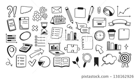 Doodle planning elements. Hand drawn pencil organization and plan icon. Sketch chalk plan elements for social media, ads, marketing. Bulb, arrow, goal note, office elements. Vector set 138162926