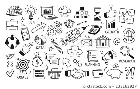 Business doodle. Hand drawn deal elements. Sketch line start up, marketing, business plan, success idea, finance, briefcase, investment elements. Vector set 138162927