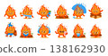 Cute flame mascots. Funny fire character. Cartoon happy burning flames with various faces and emotions walking, drinking cacao, jumping, reading, jumping. Vector set 138162930