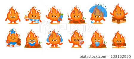 Cute flame mascots. Funny fire character. Cartoon happy burning flames with various faces and emotions walking, drinking cacao, jumping, reading, jumping. Vector set 138162930