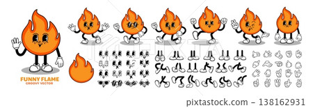 Fire characters. Groovy funny flames. Comic retro fires, vintage flames mascot running, walking in various poses with faces, emotions, legs, hands. Vector set 138162931