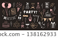 Doodle party elements. Hand drawn festive icon. Sketch pencil birthday, New Year, and Merry Christmas celebration. Funny cake, music, balloons, confetti, decoration symbols. Vector set 138162933